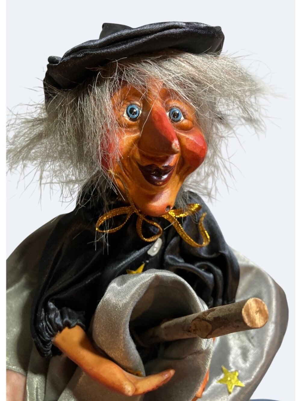 Vintage Witch Doll With Broomstick and Star Accents 12" Halloween Decoration
